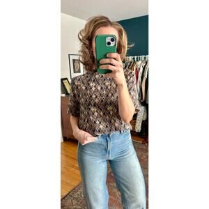 Women's 100% Silk Vintage Patterned Short Sleeve Blouse Size Small | 90's Style